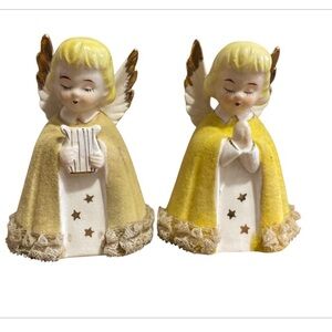 Vintage Ceramic Angel Praying Figurine 3.5" Yellow Flocked Cape 1950s Japan Lot